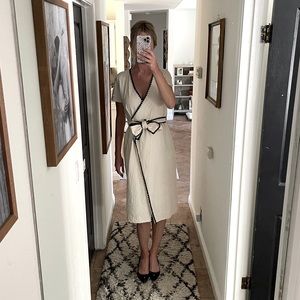 ZARA Off White Midi Wrap Dress with Black Trim Detail and Bow Sash Around Waist